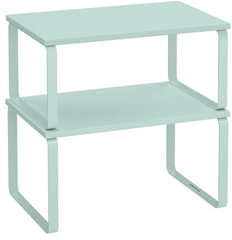 SONGMICS Estante para Especias, Juego de 2, Organizador de Armario, Estante de Almacenamiento de Cocina Extensible, Especiero de Metal y Madera de Ingeniería, Verde Luna KCS002C01