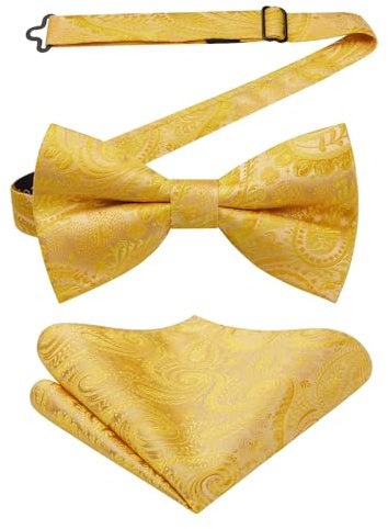 Enlision Herren Fliege Gelb Fliegen für Herren mit Einstecktuch Set Paisley Seide Vorgebundene Anzug Schleife für Hochzeit Formal