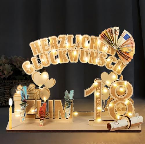 18. Geburtstag Geldgeschenke, 18 Geburtstag Mann und Frau Holz mit LED Lichterkette, Geschenke zum 18 Geburtstag Frau Mann, 18. Geburtstag Dekoration Gästebuch, DIY Geschenkideen für Familie Freunde