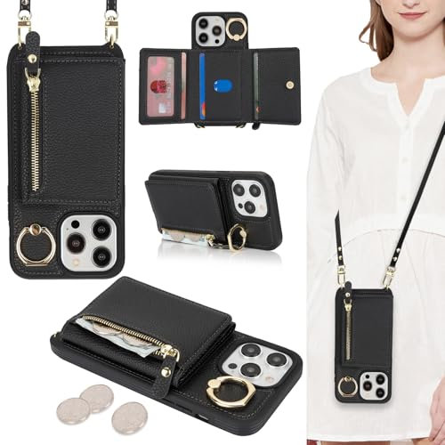 ELTEKER Handyhülle für iPhone 14 Pro Hülle mit Band Kartenfach Ringhalterung Geldbörse,Leder Klapphülle Umhängetasche Handytasche für iPhone 14 Pro - Schwarz