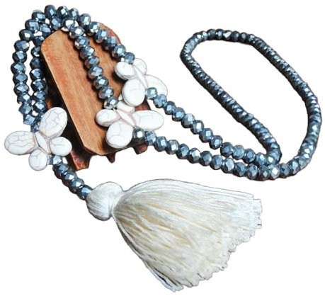 Whakano Böhmen Kristall Perlen Ketten,Schmetterling Handgemachte Halskette,Damen-Halskette Mit Quaste Anhänger,Pullover Kette Halsschmuck,Elegant Perlenkette Halsschmuck für Frauen Mädchen,Weiß