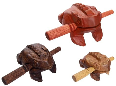 Guiros Percussion-Instrumente aus Holz, Frosch, Musikinstrument, 3-teiliges Set mit 10,2 cm Frosch, 7,6 cm Frosch und 5,7 - 7,9 cm Frosch, Heimdekoration (Braun/Dunkelbraun/Natur)