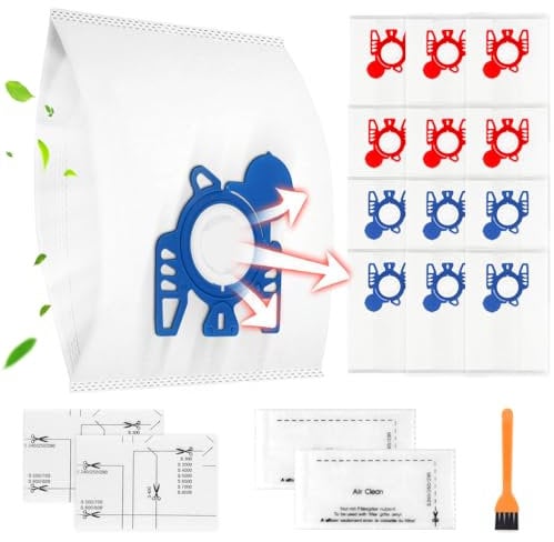 12 Vacuum Cleaner Bags for Miele Vacuum Cleaner, For Miele Classic C1, Complete C2 C3, S400i, S600, S800, S2000, S5000, S8000 Series w/8 Filters, With 2 set Air Filter & 1 Brush