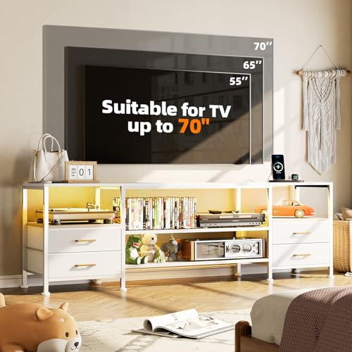 Mobile Porta TV, Mobile TV Bianco con Luci LED, Mobile TV con Porta USB e Presa, 160x63x40 cm, 4 Ripiani e 4 Cassetti, Tavolino per TV per Soggiorno, Camera da Letto (bianco)