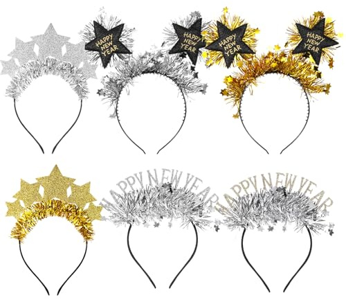 Harrycle 6 Stück Happy New Year Haarreifen 2026 Silvester Hütchen Frohes Silvester Stirnband Sternen Haarband Kopfschmuck für Erwachsene Frauen Männer Foto Requisiten Party Deko für Neujahr Eve