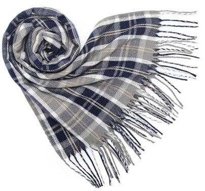 Damen Karierter Pashmina Schal – Weicher, Warmer Winterschal mit Quasten Oversize Plaid Stola & Kuscheliger Wrap für Herbst & Winter, Elegantes Geschenk für Frauen (Marine)