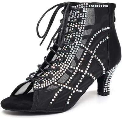 JUODVMP Stivali da Ballo Traspiranti da Donna A Collo Alto Scarpe da Ballo per Danze Standard e Sociali con Strass