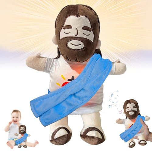 HBSFBH Jesus Plüschtier mit Atembewegung und Musik, Schlummer Jesus Kuscheltier, Jesus Kuscheltier mit Herzschlag, Jesus Stofftier Plüsch, Musikalisches Kuscheltier mit beruhigenden Klängen (Blau)