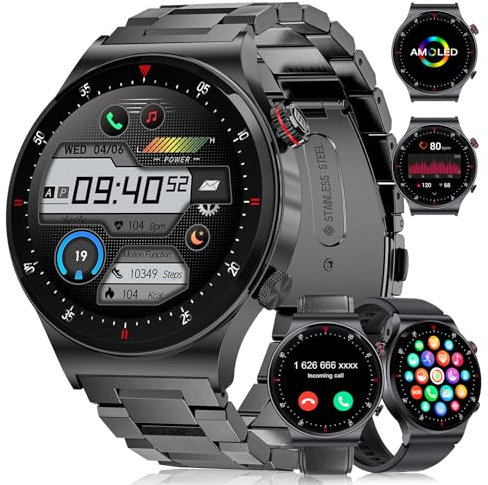 BANGWEI Smartwatch für Herren mit Telefonfunktion, 1,43 AMOLED, 120+ Sportmodi, IP68 wasserdicht, Fitnessuhr, 400mAh Akku, modisches Business-Design mit 2 Armbändern