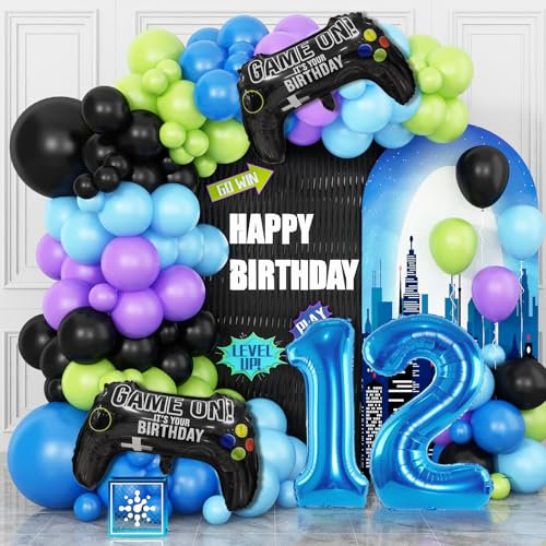 12th Birthday Video Game Balloons Arch, 12th Game Party Balloons Garland Kit 12th Boys Birthday Supplies with Blue Number 12 Balloon Game Foil Balloon for 12 Year Old Teens Boys Party Decor
