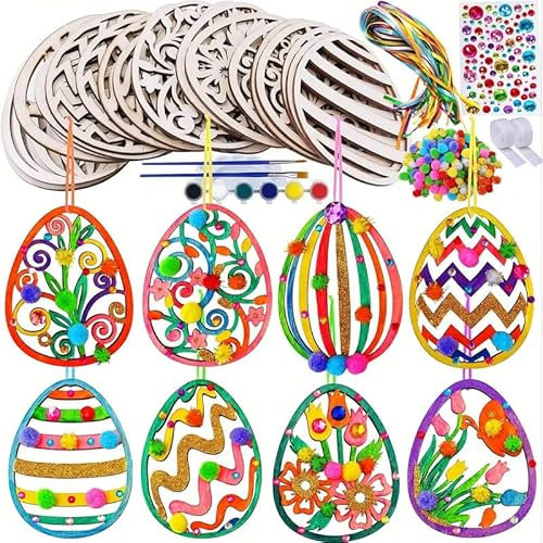 Oster Basteln Kinder, Holz Ostereier zum Bemalen 109 Stück Bastelsets Kinder Holzanhänger Ostern zum Bemalen mit Pompons, Deko Schnur, Strass, Osteraufkleber, Ostern deko Ostergeschenke Kinder