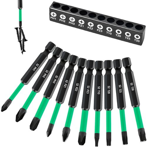 10 Stück 70mm Bitsatz mit starkem Magnetkopf langer Schraubendreher Bit Set für Schlagschrauber, Phosphid Schwarz Schraubendreher Zubehör