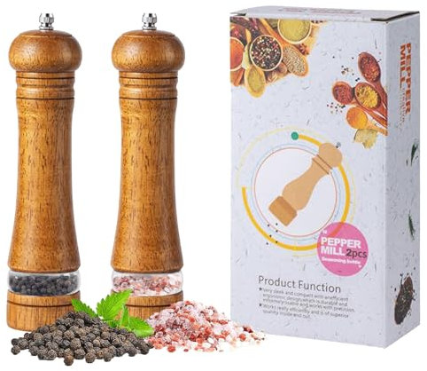 Salt and Pepper Mill Sets,8 inch Wooden Salt and Pepper Grinders with Ceramic Core Wood Salt and Pepper Shakers Set of 2,Manual Spice Grinders Refillable Salt Pepper Shaker for Sea Salt Chili Spice