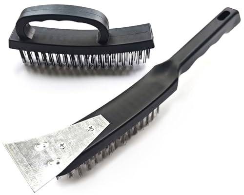 Heavy Duty Wire Brush Set for Rust Removal & Heavy Duty Cleaning - 2 Pack Carbon Steel Brushes with Ergonomic Handle, Multi-Surface Scrub Brush for Metal, Concrete & Tile