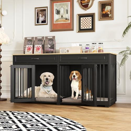 Hundekäfig mit 2 Schubladen und 2 Türen,Hundebox für Innenbereich,Hundehaus mit getrenntem Innenraum,Schwarz und Eichenfarbe,MDF,164×60×80cm,Hundehütte für 2 Hunde