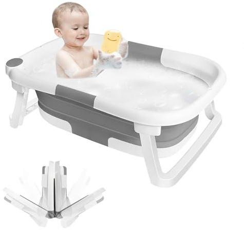 Faltbare Babybadewanne, ultrakompakt, 35 l, geeignet für Neugeborene bis Kleinkinder und verfügt über eine rutschfeste Matte und Ablauflöcher (Grau, 63 x 43 x 20 cm)