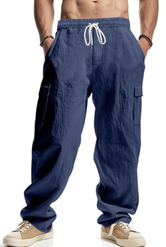 PADOLA Pantalones de Lino Ligero para Hombre Pantalón de Carga con Bolsillos Pantalones Casuales de Corte Holgado con Cordón Elásticos(XL,Azul Oscuro)