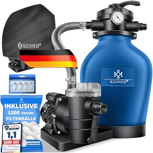 KESSER Impianto di filtraggio a sabbia con pompa e palline filtranti da 1200 g, filtro per piscina da 600 W, filtro a sabbia per piscina 13200 l/h, volume del serbatoio fino a 30 kg, valvola a 7 vie