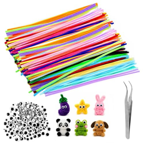 150 Bunte Pfeifenputzer 30Cm Chenilledraht Pfeifenreiniger Pipe Cleaners | Bastel Zubehör Craft Kit, Kreative Diy Dekorieren, 100 Pompons Zum Basteln, 100 Wackelaugen, 1 Pinzette