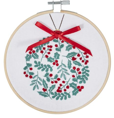Trimits Embroidery Kits - 15cm 6 Embroidery Beginners Kit, Cross Stitch Kits for Adults, Starter Set with Bamboo Hoop, Fabric, Threads, Needle & Backing - Holly Berry Bauble