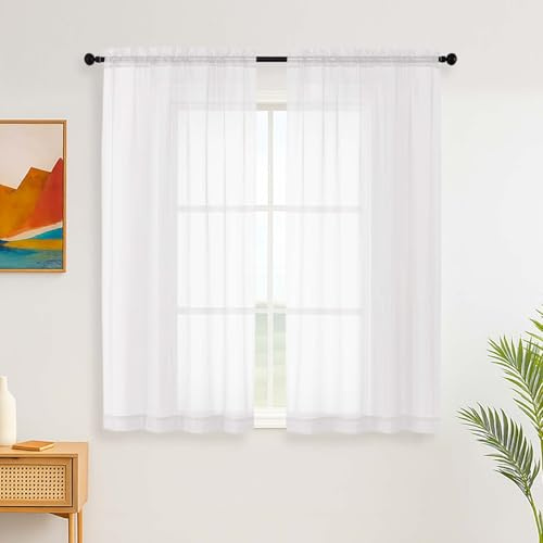 Simplebrand Sheer White Kitchen Curtains 137 cm Long 2 Panels, Rod Pocket Curtain Sheers for Bedroom, Elegant Light Filtering Voile Panels Drapes Small Window Treatments, 106cm x 137 cm