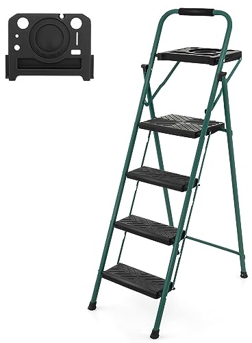 TANGZON Folding Step Ladder, Portable Steel Step Stool with Widen Anti-Slip Pedals, Safety Lock & Handrail,Safety Ladder Tread Stepladder for Household Garage Shop (4 Step, with Tool Tray)