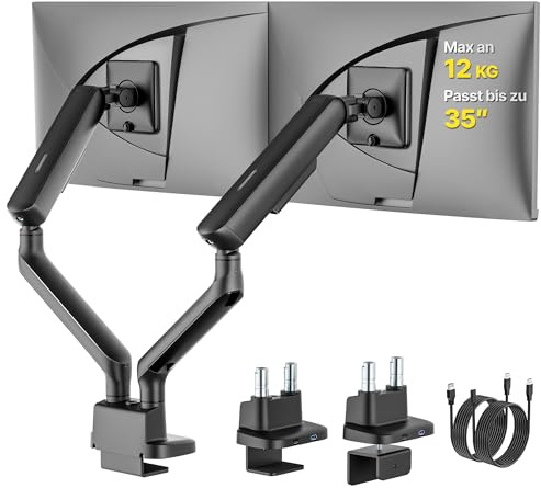 monTEK Monitor Halterung 2 Monitore mit USB für 17-35 Zoll bis zu 12kg | 360° Drehbar Bildschirmhalterung 2 monitore mit Neigungen, Schwenken, Dreht, VESA 75x75 to 100x100mm, Schwarz