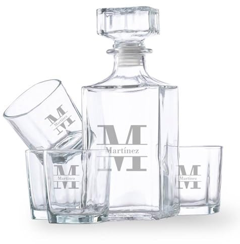 Set de whisky personalizado con nombre e inicial grabado | Conjunto con 4 vasos y botella | Cristal | Personalizado con inicial