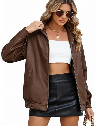 CMTOP Giacca Donna Pelle Giacca Similpelle Donna Giubbotto in PU Ecopelle, Moda Y2k Giacche Casual Motociclista Giubbino Streetwear Capispalla con Tasche per Primaverile Autunnale