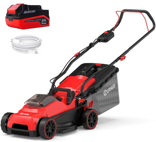 OUTIGO Tondeuse à Gazon sans Fil 21V, Batterie 5.0Ah Incluse, Largeur de Coupe 33 cm, Autonomie jusqu'à 250 m², Sac de ramassage 32 L, Hauteur réglable 25-65 mm