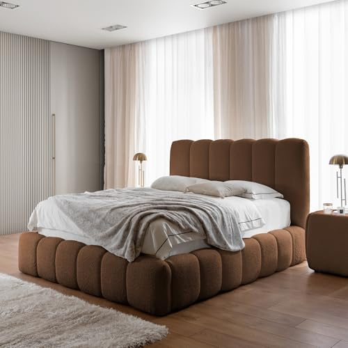 Home Collective Polsterbett Doppelbett Bubble Bett mit Stauraum viele Größen und Farben | Bettgestell mit Lattenrost weicher Bouclé Bezug mit Steppung | Schlafzimmer Möbel | Braun 200x200 cm