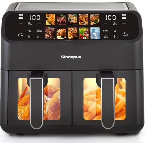 9L, friteuse XXL 2000W avec 2 paniers de cuisson indépendants, écran tactile numérique 10-en-1, température réglable 175°F-400°F, antiadhésive et compatible lave-vaisselle, noire