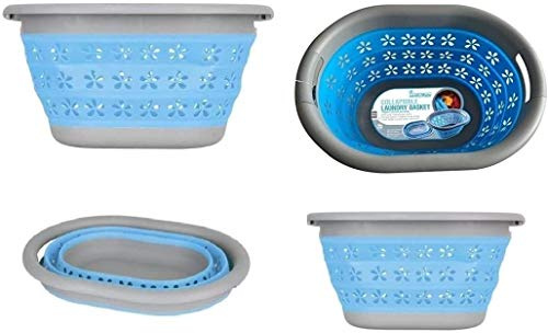 Optimal Products Collapsible Laundry Basket Hamper Clothes Storage Washing Foldable Bin Hipster (Blue & Grey, Medium (50cm))