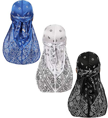 Verschiedene Paisley Bandana Doo Tuch Cap Headwraps Herren Damen Seide Durag mit langem Schwanz und breiten Trägern für 360 Wellen, Schwarz, Marineblau, Weiß, 59 EU