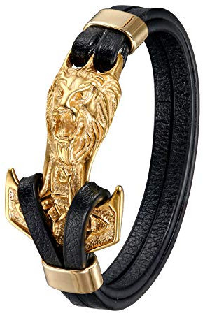 OIDEA Leder Armband Herren Thor Hammer Löwe Kopf Armreif für Herren Männer Jungen Unisex Gold Schwarz
