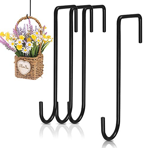 funvce Hanging Basket Brackets 4pcs Black Fence Hooks Heavy Duty Steel Wall Plant Hangers for Indoor Outdoor Hanging Lantern, Bird Feeder, Bags, Wind Chimes, Garden Decoration