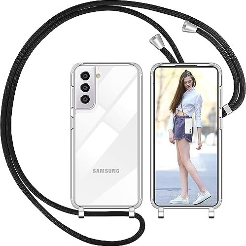 Nupcknn Handykette für Samsung Galaxy S21 5G (6.2'') Hülle mit Band,Dünn Transparent Handyhülle (Abnehmbar) Necklace mit Kordel zum Umhängen Kameraschutz Handy Kette Stossfest Schutzhülle(Transparent