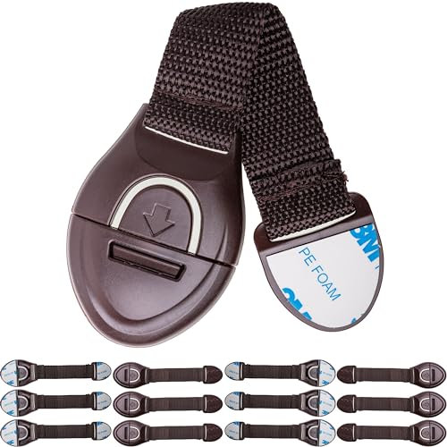 Cerraduras de Seguridad, 12 Piezas, en Marrón, para niños y Mascotas, con Adhesivo Especial, Cierres Seguridad para Armarios, Cajones, Despensa, Horno, Nevera, Puerta, Ventana, Protector Cajones Bebé