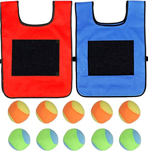 BEOIUCZZY 2 Pezzi Gioco Dodgeball Gilet da Gioco, Dodgeball Set di Giochi da Giardino Dodgeball Sfera Appiccicosa di Destinazione con 10 PCS Palline di Ovatta per Bambini Indoor Outdoor (Rosso + Blu)