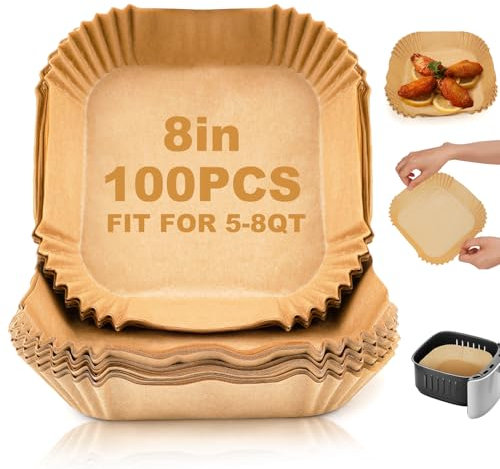 Disposable Air Fryer Paper Liners: 100PCS 8 Inch Square Liners for Air Fryer, Grease and Water Proof Non Stick Basket Parchment Paper