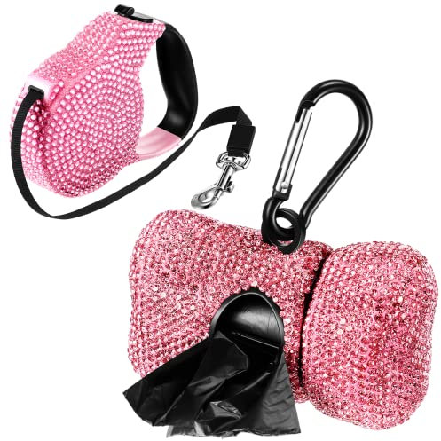 LEIFIDE 2 Stück einziehbare Hundeleine und Taschenhalter mit Strasssteinen in Knochenform, Spender mit Metallclip, robuste Hundeleine für die meisten Welpen