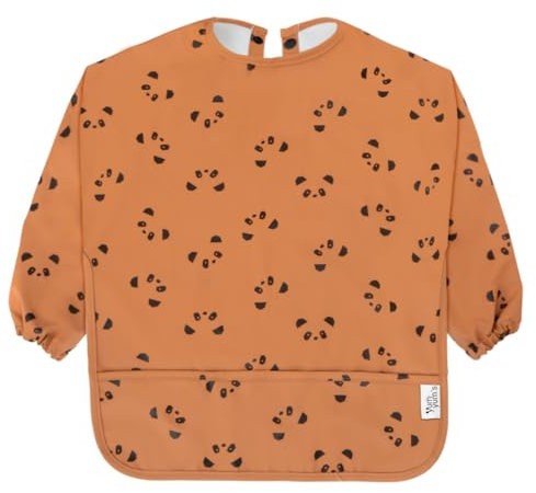 Yum Yum's Baby Coverall Silicone Weaning Bib - Waterproof, Easy Clean & Comfortable - Long Sleeve Bib for 6-12 Months - Multi-Functional Toddler Apron for Mess-Free Feeding - Panda Prints in Brown