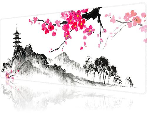 Large Gaming Mousepad XL Japanese Mountains Cherry Blossom Desk Mat 31.5x11.8 in Extended Big White Anime Mouse Pad Waterproof With Non-Slip Base and Stitched Edges