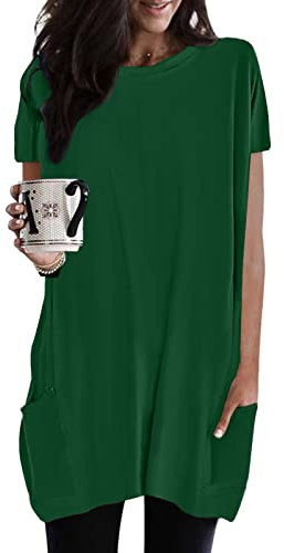 Damen Lang Shirt Rundhals Kurzarm Oberteil Einfarbig T-Shirt Tunika Loose Casual Kurzarmshirt mit Tasche Elegant Pullover Sweatshirt Lässig Tops Rundkragen Oversize Longshirt