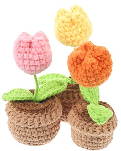 ULDIGI 3st Mini-topfpflanze Aus Wolle Künstliche Topfblume Strickende Pflanzenverzierung Gehäkelte Blumen Bonsai Strickpflanzenornament Plüschblume Spielzeug Büro Tulpe Milch Baumwolle