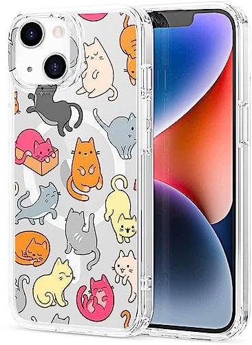 Idocolors for iPhone 14 Case Compatible with MagSafe, Magnetic Cute Cartoon Cats Design Clear Phone Cover for Girls Women Soft TPU Hard Back Shockproof Protective Case for iPhone 14