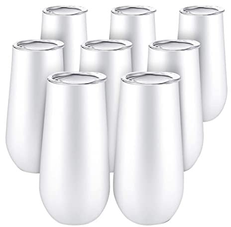 Hundnsney 8Packs Stemless Champagne Wine Tumbler, 6 OZ Double-Insulated Wine Tumbler with Lids Cocktail Cups White