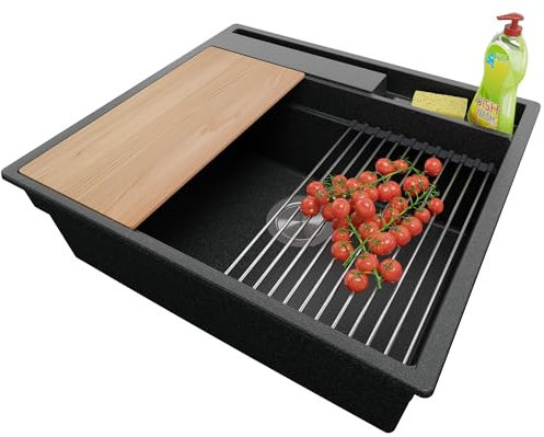 PRIMAGRAN Evier Cuisine en Granit Graphite 58x53cm, Lavabo 1 bac + Kit de Vidage + Accessoires, Évier à Encastrer al mueble 60cm - Oslo Pocket S193