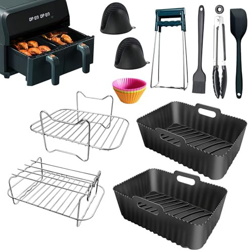 Hmfmdy Air Fryer Accessories, Set of 11 Ninja Air Fryer Accessories, Silicone Air Fryer Liner, Dual Air Fryer Racks & Mini Cake Mold for Ninja Dual AF300UK AF400UK AF500UK AF451UK Tower T17088 Black