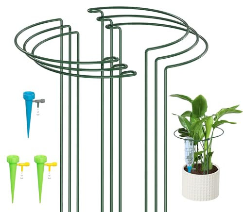 KAZITOO 6 Pack 40cm Half Round Garden Plant Support Stakes, Metal Bow Type Flower Supports Ring Cage with 3 Self Watering Spikes for Peonies, Hydrangea, Interlinking to Make Border, Rows, Circles